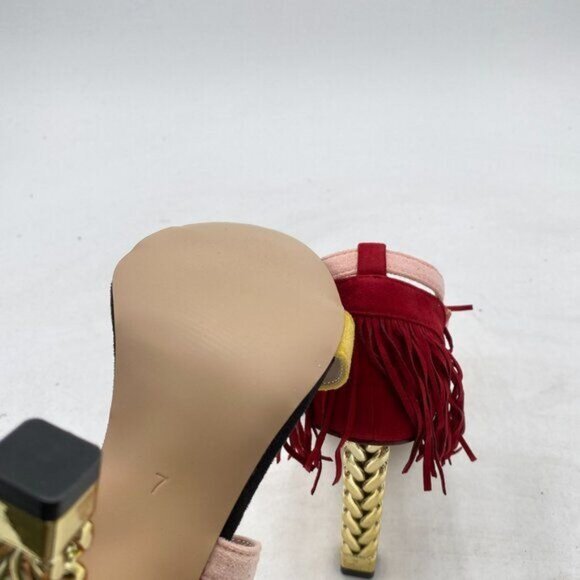 Women's Fringe Heels Ankle Strap Faux Suede Chunky Heel Shoes - Picture 5 of 6